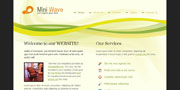 Website homepage for Mini Wave featuring a green wave design, navigation menu, and service descriptions with icons.