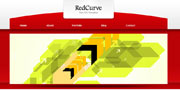 Website layout displaying RedCurve branding with navigation menu and geometric yellow and black arrow graphics on a white background