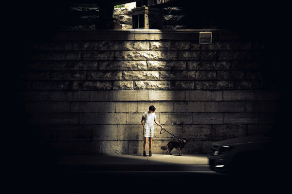 Person walking a dog under a bridge at night, lit by a pool of streetlight
