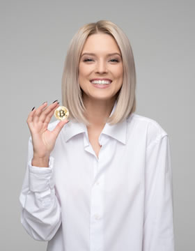 Young woman with blonde hair smiling and holding a physical bitcoin coin against a neutral background