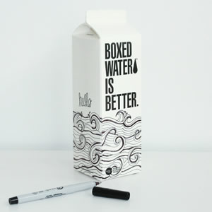 Carton of boxed water with the text “Boxed Water Is Better” on a white background, with a marker pen beside it.
