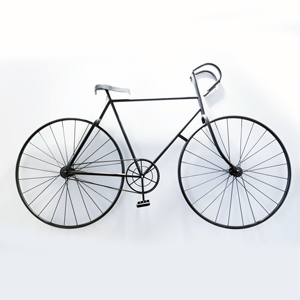 Minimalist black bicycle against a white background, shown in side view.