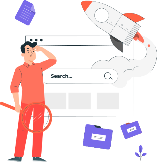 Man holding a magnifying glass standing beside a search bar with a rocket launching and floating documents in the background