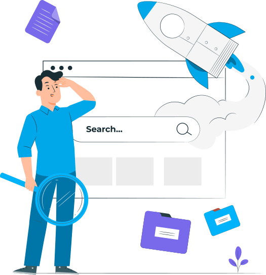 Man holding magnifying glass looking at a search bar with a rocket launching and files floating around, symbolizing exploration and discovery.