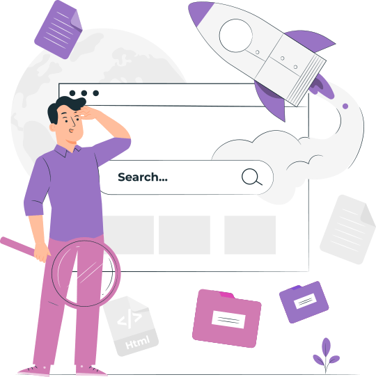 Person holding a magnifying glass looking toward a search bar with a rocket launching and files floating around.