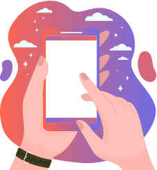 Hand holding a smartphone with a finger about to tap the blank screen against a colorful abstract background