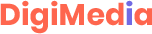 Logo for DigiMedia featuring a modern, bold font with gradient orange to blue colors on a transparent background
