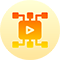 Orange video play button icon with circuit-like nodes on a circular yellow gradient background representing tech media.