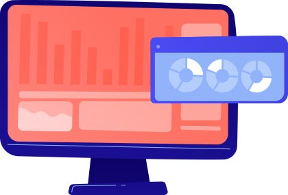Computer monitor displaying various digital graphs and charts in a modern data visualization style
