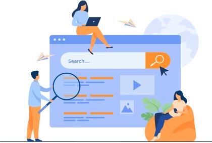 People interacting with an online search engine interface using laptops and a magnifying glass for research and browsing.