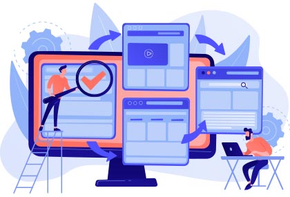 Illustration of two people interacting with multiple website interface windows on a large desktop screen showing web design and development.