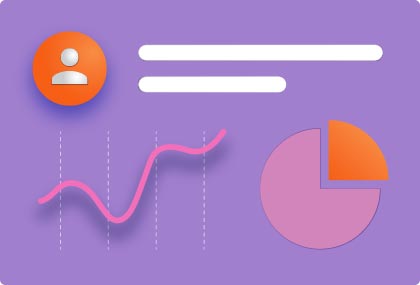 Abstract graphic with a user icon, a pink line graph, and a pie chart on a purple background representing data analysis or service metrics.