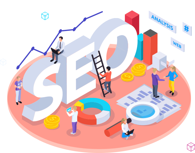 SEO concept with people analyzing data charts, coins, and magnifying glass illustrating search optimization and web analysis.