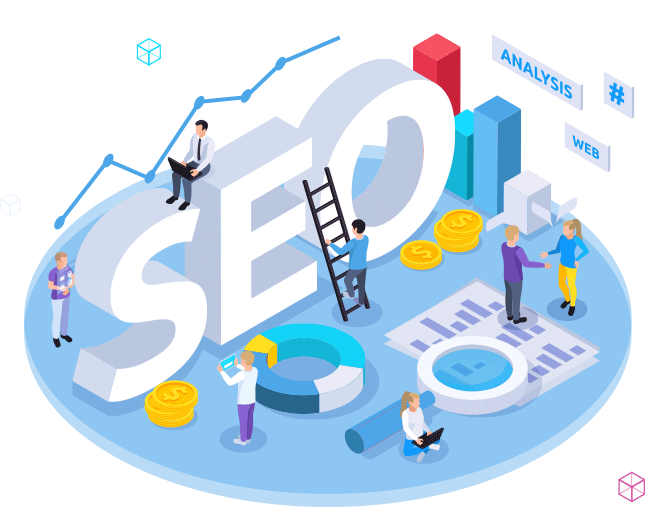 SEO concept with people analyzing graphs, charts, coins, and digital marketing elements on a circular platform