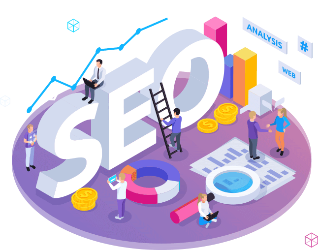 SEO concept with people analyzing data charts, digital marketing icons, and growth trends on a circular platform