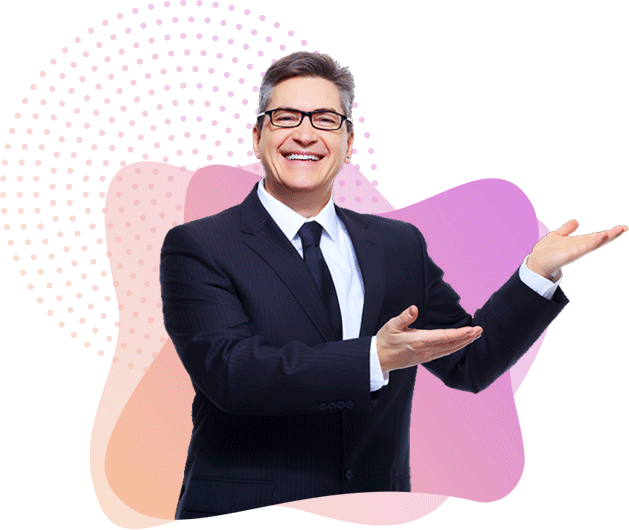 Middle-aged man in a business suit smiling confidently and presenting with open hands against a colorful abstract background.