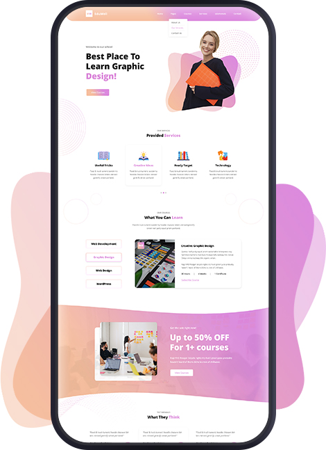 Responsive mobile website homepage showcasing graphic design courses, services, and promotional discount offers.