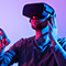 Wearing a virtual reality headset, a person engages with immersive technology, surrounded by vibrant purple and blue lighting.