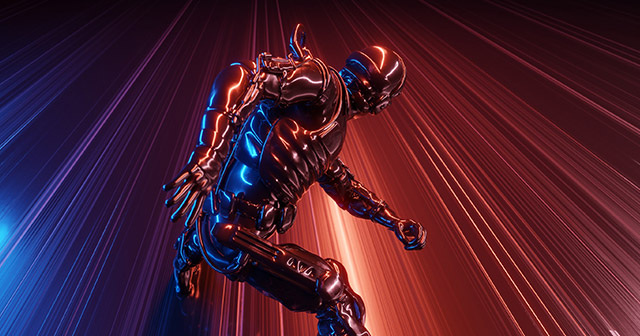 A futuristic, robotic figure in a dynamic pose, set against a backdrop of vibrant blue and red light streaks.