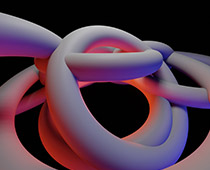 Abstract 3D render of intertwined, smooth loops with a gradient of purple and red hues against a dark background, showcasing dynamic shapes and depth.