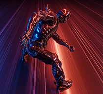A futuristic, humanoid figure in a sleek, reflective suit appears to be in motion against a backdrop of vibrant red and blue light beams.