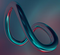 A sleek, abstract representation of an infinity symbol featuring a smooth, glossy surface in vibrant teal and purple shades.
