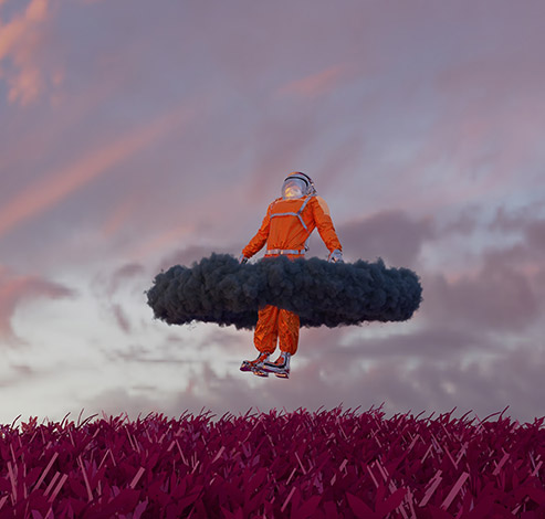 An astronaut in an orange suit levitates atop a swirling cloud against a vivid sky, surrounded by striking purple grass.