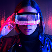A person wearing futuristic virtual reality glasses, set against a vibrant backdrop of colorful sound waves.