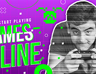 Young man holding a game controller smiling with colorful digital graphics promoting online games in the background