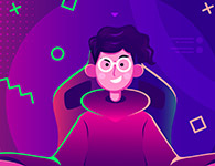 Young person with glasses wearing a hoodie, set against a colorful, abstract digital background with geometric shapes.