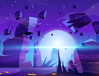 Surreal landscape with floating rock formations under a large glowing moon in a purple starry sky
