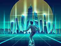 Futuristic cityscape with a person standing on a glowing grid, surrounded by digital and neon light effects.