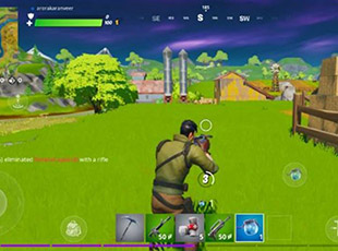 Player character aiming with a rifle in an outdoor grassy area of a battle royale video game during sunset.