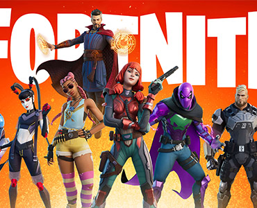 A group of colorful Fortnite characters posing dynamically in front of the game&rsquo;s large logo on a vibrant background.