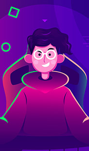 Young person with glasses sitting in a gaming chair surrounded by bright neon geometric shapes in a digital setting