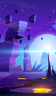 Alien landscape with floating rocks and glowing pools under a starry purple sky at night.