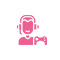 Customer support representative wearing a headset smiling and offering assistance with a hand gesture on a pink background