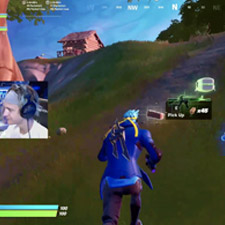 A video game character in a blue outfit running uphill in a grassy landscape during a live streaming session.