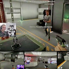 A first-person shooter video game stream showing a character walking in a futuristic indoor environment with a webcam overlay.