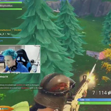 Twitch streamer playing a first-person shooter game set in a lush forest environment with chat and stats overlay.