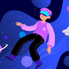 Person wearing virtual reality headset floating in a colorful outer space environment with planets and stars around them