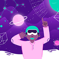 Person wearing virtual reality headset exploring a cosmic space scene with planets and constellations.
