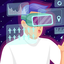 Person wearing virtual reality headset interacting with floating digital graphs and icons in a futuristic setting