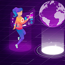 Woman interacting with digital holograms of data charts and a globe in a futuristic virtual environment.