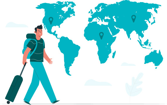 Young male traveler with backpack and suitcase walking in front of a world map with location pins marking destinations.