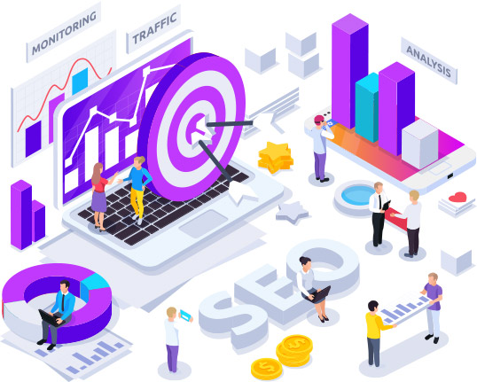 Digital marketing team analyzing SEO, traffic, and monitoring data with charts and graphs on various devices.