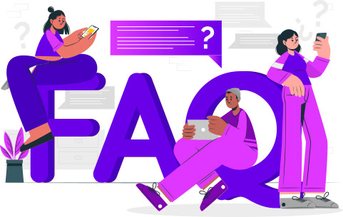 Three diverse people using digital devices around large letters spelling FAQ with question marks and chat bubbles.